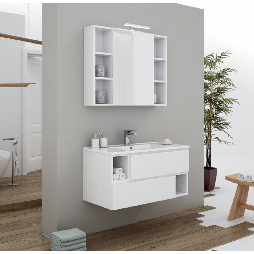 MOBILE BAGNO CITY 02 CM 90 BASE 2 CASSETTI LAVABO RESINA BIANCO SPECCHIO CONTENITORE LAMPADA LED