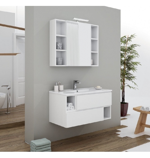 MOBILE BAGNO CITY 02 CM 90 BASE 2 CASSETTI LAVABO RESINA BIANCO SPECCHIO CONTENITORE LAMPADA LED