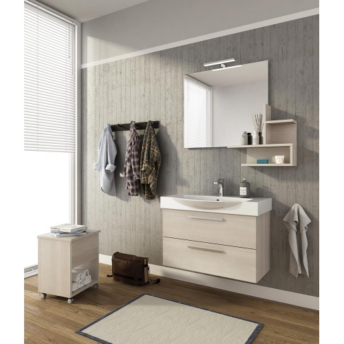 MOBILE BAGNO MANHATTAN M8 CM 82 BASE LAVABO CERAMICA SPECCHIO FILO MENSOLA LAMPADA LED COLORAZIONE ROVERE TRANCHE' BIANCO