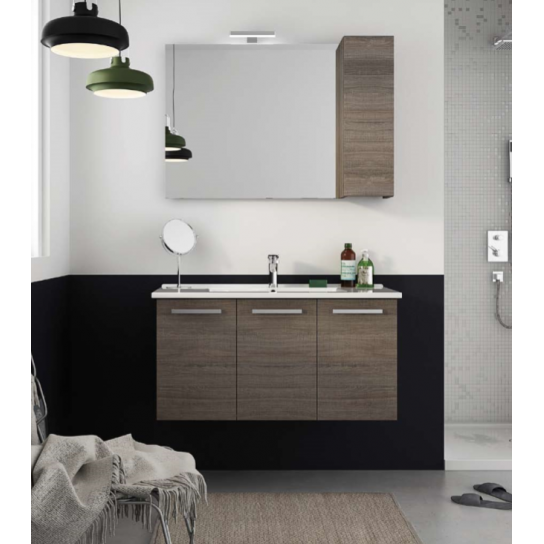 MOBILE BAGNO HARLEM H19 CM 97 BASE LAVABO CERAMICA SPECCHIO FILO LUCIDO LAMPADA LED PENSILE COLORAZIONE ROVERE TRANCHE' SCURO