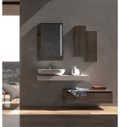 MOBILE BAGNO URBAN COMPONIBILE2 CM 150 TOP VELETTA LAVABO POLITEK BASE SPECCHIO CON FASCE LED 2 PENSILI COLORAZIONE ROVERE TRAN