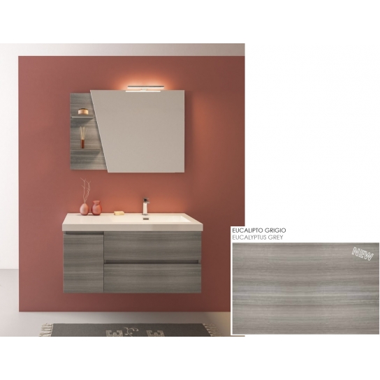 MOBILE BAGNO LINE 04 CM 100 BASE 2 CASSETTI 1 ANTA LAVABO RESINA BIANCO SPECCHIO SAGOMATO LAMPADA LED