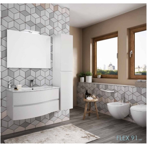 MOBILE BAGNO FLEX 01 CM 90 BASE 2 CASSETTI CURVI LAVABO RESINA BIANCO SPECCHIO SAGOMATO LAMPADA LED