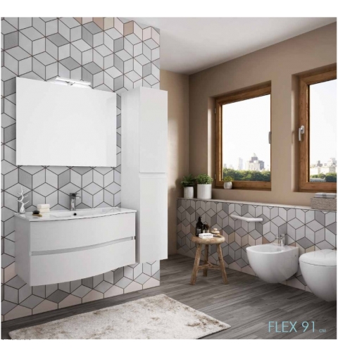 MOBILE BAGNO FLEX 01 CM 90 BASE 2 CASSETTI CURVI LAVABO RESINA BIANCO SPECCHIO SAGOMATO LAMPADA LED