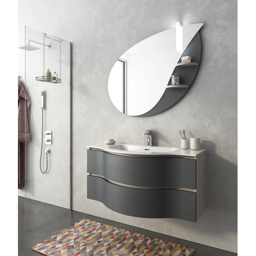 MOBILE BAGNO BROADWAY B14 CM 105 BASE LAVABO OCRITECH BIANCO SPECCHIO SAGOMATO "FOGLIA" LAMPADA LED COLORAZIONE TRANCHE' CHIARO