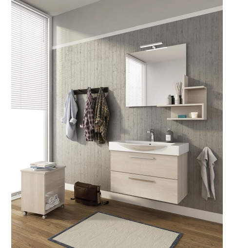 MOBILE BAGNO MANHATTAN M8 CM 82 BASE LAVABO CERAMICA SPECCHIO FILO MENSOLA LAMPADA LED COLORAZIONE ROVERE TRANCHE' BIANCO