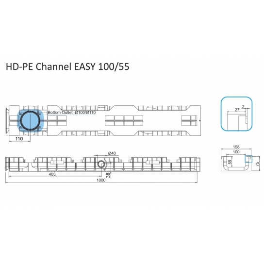 CANALETTA EASY 100 IN POLIETILENE PE-HD CLASSE C250 EN1433 LUNGHEZZA MT 1 LARGHEZZA ESTERNA MM 158 INTERNA MM 100