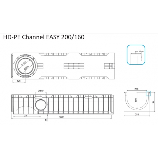 CANALETTA EASY 200 IN POLIETILENE PE-HD CLASSE C250 EN1433 LUNGHEZZA MT 1 LARGHEZZA ESTERNA MM 258 INTERNA MM 200