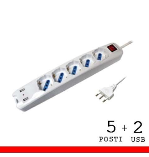 MULTIPRESA CON INTERRUTTORE CON CAVO 5 PRESE SCHUKO + 2 USB 16A