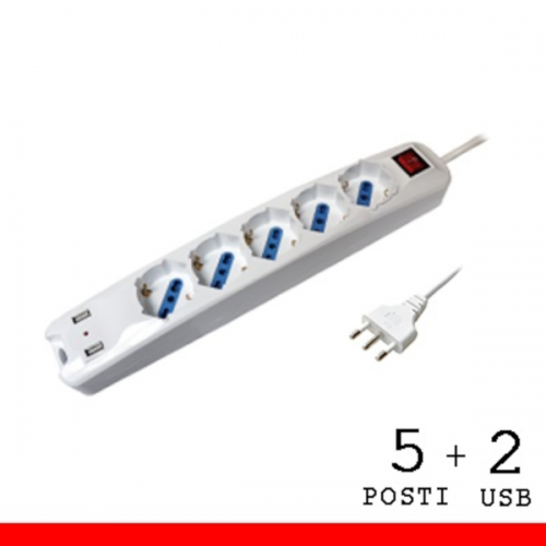 MULTIPRESA CON INTERRUTTORE CON CAVO 5 PRESE SCHUKO + 2 USB 16A