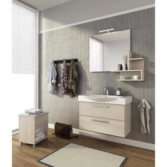 MOBILE BAGNO MANHATTAN M8 CM 82 BASE LAVABO CERAMICA SPECCHIO FILO MENSOLA LAMPADA LED COLORAZIONE ROVERE TRANCHE' BIANCO