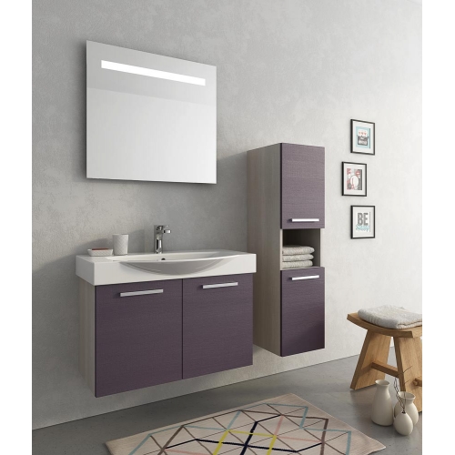 MOBILE BAGNO MANHATTAN M7 CM 82 BASE LAVABO CERAMICA SPECCHIO FILO LUCIDO RETROILLUMINATO COLONNA COLORAZIONE ROVERE TRANCHE' C