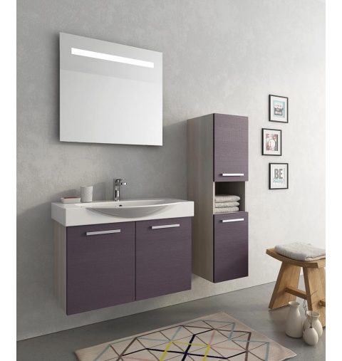 MOBILE BAGNO MANHATTAN M7 CM 82 BASE LAVABO CERAMICA SPECCHIO FILO LUCIDO RETROILLUMINATO COLONNA COLORAZIONE ROVERE TRANCHE' C