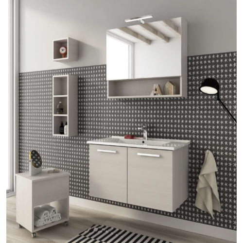 MOBILE BAGNO HARLEM H13 CM 82 BASE LAVABO CERAMICA SPECCHIO CONTENITORE LAMPADA LED COLORAZIONE ROVERE TRANCHE' BIANCO