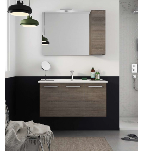 MOBILE BAGNO HARLEM H19 CM 97 BASE LAVABO CERAMICA SPECCHIO FILO LUCIDO LAMPADA LED PENSILE COLORAZIONE ROVERE TRANCHE' SCURO