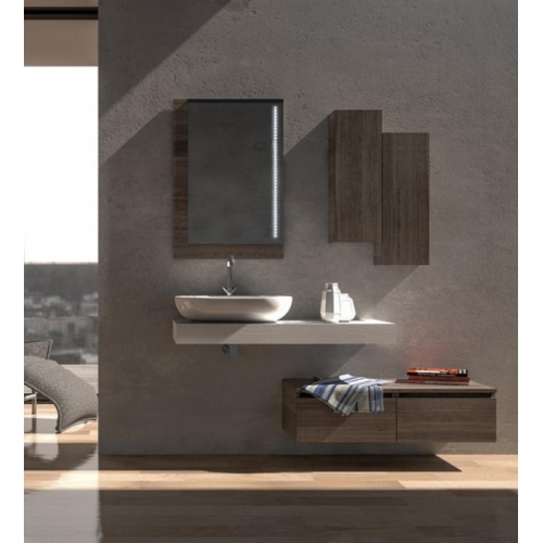 MOBILE BAGNO URBAN COMPONIBILE2 CM 150 TOP VELETTA LAVABO POLITEK BASE SPECCHIO CON FASCE LED 2 PENSILI COLORAZIONE ROVERE TRAN